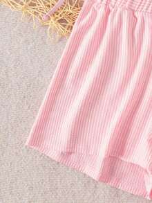 Swim Vcay Conjunto de 3 piezas de bikini con textura de tela a rayas azul y blanco, con tirantes finos y cuello halter, para primavera/verano 2026 - Rosa - Ver 4