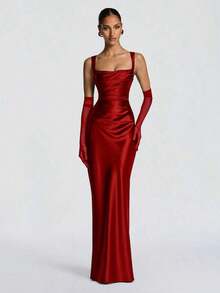 Vestidos elegantes Glamrae - Vestido de satén elegante con cintura ajustada y cordones, vestido largo para fiesta de Halloween, vestido formal de cóctel para banquete, vestido de fiesta de Navidad, vestido de boda de San Valentín, Vestidos Elitara - Rojo - Ver 6