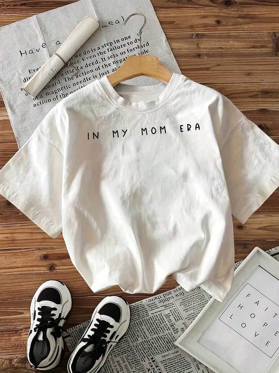 1pscCamisetas Gráficas para Mujer "En Mi Era de Mamá" - Camiseta de Manga Corta Transpirable con Cuello Redondo Brillante y Estampado de Letras, Blusa Casual de Primavera Verano para Mamás, Ropa Casual Lavable a Máquina y Conjuntos para Mamás 100% algodón100% Cotton - Blanco - Ver 1