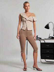 Haute Blazer/chaleco asimétrico de un solo pecho con hombros descubiertos, estilo sexy y casual para oficina - Caqui - Ver 3