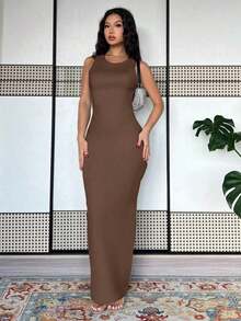 Vestido largo de mujer de vestido de escote con estampado de teñido anudado, vestido de verano largo, vestido largo verde maxi para outfit de mujer - Marrón - Ver 4