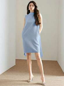 Vestido elegante de oficina con cuello drapeado para mujer - Azul - Ver 4