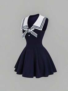 Vestido ajustado de estilo marinero vintage para mujer, elegante y versátil para la escuela, vacaciones, uso casual, azul, primavera/verano - Azul - Ver 7