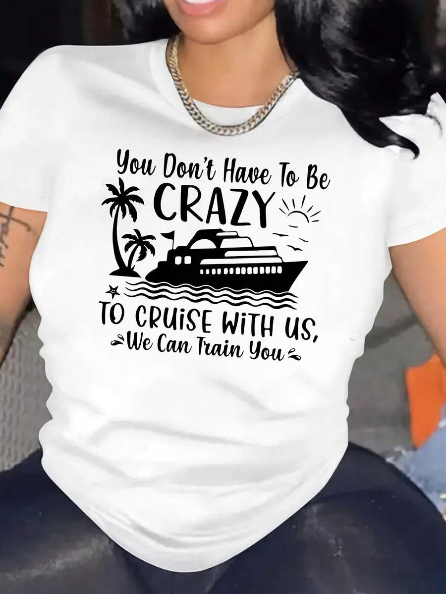 Camiseta casual de manga corta con cuello redondo para mujer con gráficos de crucero y palmera, top de ropa deportiva de moda, estilo de vacaciones - Blanco - Ver 1