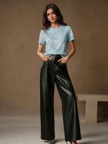 Camiseta de mujer casual con efecto desgastado y adornada con diamante de imitación - Azul - Ver 7