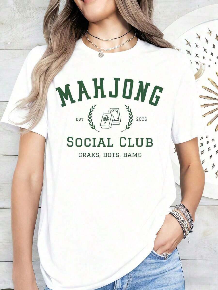 Camiseta minimalista moderna Mahjong Social Club para mujeres y hombres, regalo para amantes del juego de Mahjong, ropa casual de estilo vintage unisex con diseño de gráficos de puntos y bambú, perfecta para eventos de juegos y uso diario. - Blanco - Ver 1