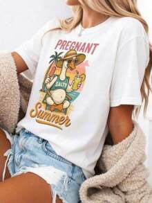 ropa de mujer Camiseta de Verano para Embarazadas Salty, Camiseta de Maternidad con Diseño Divertido de Ganso, Camiseta de Embarazo, Anuncio de Bebé en la Playa, Camiseta de Humor para Mamás en Verano, Camisetas de Mujer 100% Algodón, Camisetas de Mujer Estampadas Casuales de Cuello Redondo, camisas de mujer - Blanco - Ver 5