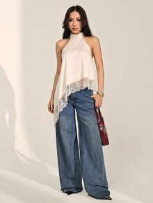 Top halter con escote trasero, bajo asimétrico y parches de encaje, sexy para el verano - Albaricoque - Ver 7