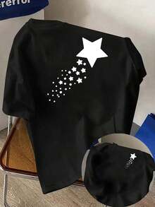 Camiseta de manga corta con diseño frontal y trasero - Estampado de moda de meteoritos y estrellas - Camiseta estampada de primavera y verano para mujer, una pieza elegante, camiseta unisex con estampado de hip hop urbano. - Negro - Ver 7