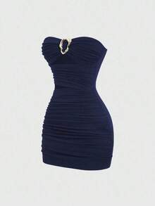 Vestido mini ajustado y sexy para mujer con hebilla metálica sin tirantes - Azul marino - Ver 7