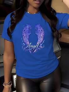 ClassicAngel Dreamy Space Style Angel Wing Print Short Sleeve T-Shirt For Women, Spring/Summer Crew Neck Regular Length, Suitable For Autumn/Winter Essential Layering, Best-Selling Item. - 藍色 - 查看 1