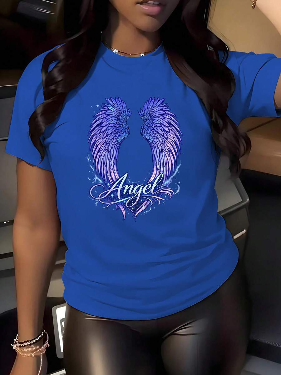 ClassicAngel Dreamy Space Style Angel Wing Print Short Sleeve T-Shirt For Women, Spring/Summer Crew Neck Regular Length, Suitable For Autumn/Winter Essential Layering, Best-Selling Item. - 藍色 - 查看 1
