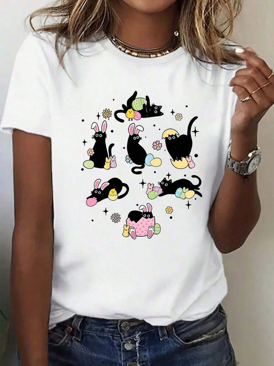 Camiseta moderna y minimalista para mujer con diseño de dibujos animados de un gato y huevos de Pascua, con estampados de letras y cuello redondo, ideal para el uso diario informal. - Blanco - Ver 1