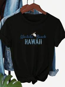 Camiseta de mujer con estampado de letras 'Waikiki Beach HAWAII OAHU', de corte holgado, cuello redondo y manga corta, cómoda, transpirable, elegante y con estilo, adecuada para el uso diario. - Negro - Ver 6