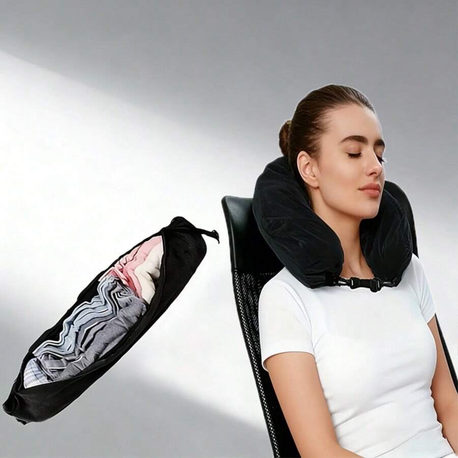 1pc Travel Neck Pillow, Portable Travel Pillow, Travel Storage Bag, Airplane Headrest, Can Be Hung On Luggage, Convenient Storage, Essential For Commuters And Business Trips - Multicolor - View 1