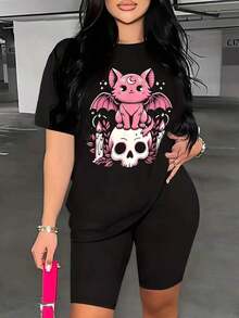Under The Radar Women's Clothing Set, Kawaii Gothic Pastel Cat And Bat Design, Cat And Bat Decal, Black Crew Neck, Casual Sporty, Machine Washable, Suitable For All Seasons, Women's Clothing - Vintage Street Style Unisex Loose Cotton Short Sleeve Crew Neck T-Shirt - 黑色 - 查看 1