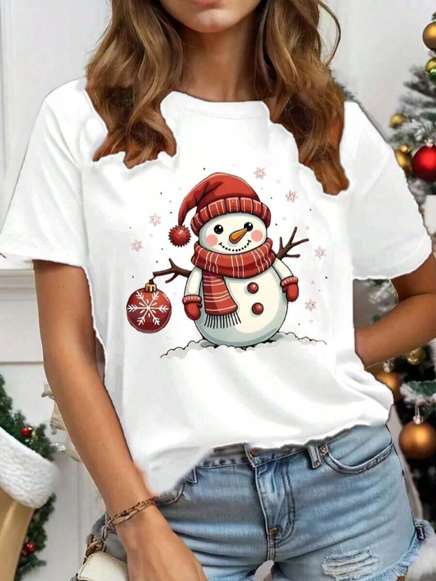 Nueva Camiseta Casual de Verano para Mujer con Estampado Navideño, Cuello Redondo y Manga Corta - Estilo Vintage Urbano, Unisex, Holgada, de Algodón, con Cuello Redondo y Manga Corta - Blanco - Ver 1