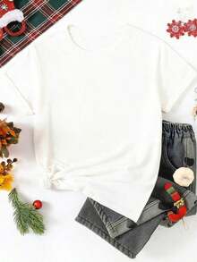 NewSummerCasualPlayera con diseño de moño navideño, con cuernos de reno, playera estampada, con colores de temporada, ideal para uso diario, llamativo, moderno, holgado, cuello redondo, manga corta, ideal para toda la familia-Vintage Street Style Unisex Loose Cotton Short Sleeve Crew Neck T-Shirt - Blanco - Ver 2