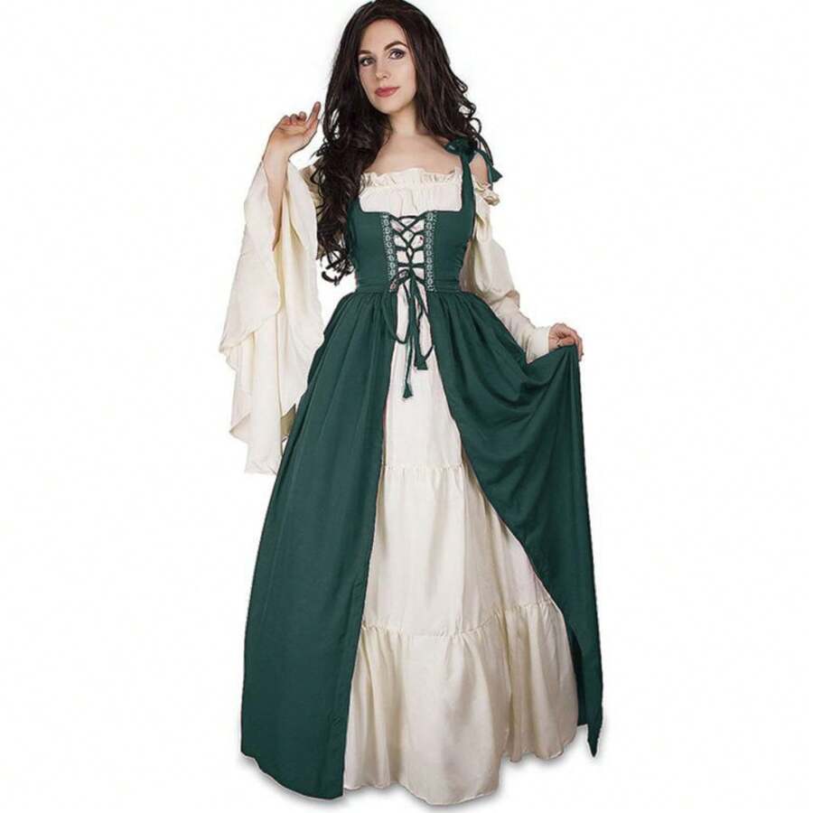 Retro Renaissance Court Dress From The Middle Ages With Lace-Up Waist, Costume For Stage Performances - Green [skirt + Vest + Ribbon] - View 1