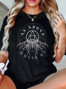 Camiseta gótica para mujer con diseño de pentagrama y motivos ocultistas - Cuello redondo, manga corta, con estampados de pentagramas invertidos y pentáculos, ropa informal para fiestas de verano - Ropa de temática ocultista. - Negro - Ver 7