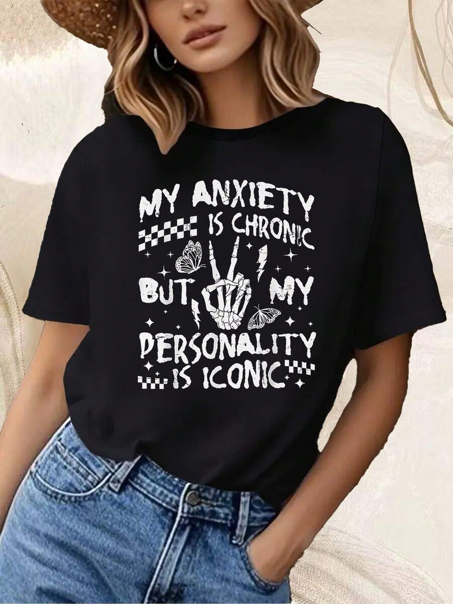 Sudadera de cuello redondo negra "Mi ansiedad es crónicero mi personalidad es icónica" con mano de esqueleto, maosas y patrón a cuadros para uso casual y concienciación sobre la salud mental, camiseta de cuello redondo para uso casual, camiseta casual de manga corta, moda de color liso, uste