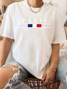 Women's "PARIS JE T'AIME" Short-Sleeved T-Shirt With Flag Print, Round Neck, Machine Washable, Comfortable, Soft, Breathable, Suitable For Spring, Summer, And Autumn. Loose, Casual, Fashionable, Ideal For Everyday Wear And Work, Simple And Versatile, Sizes S-XXL. - 白色 - 查看 8