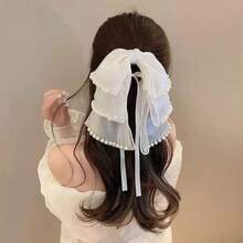1个女士超仙女丝带蝴蝶结爪夹（珍珠数量随机）女士后脑勺森林风半扎发夹头饰发卡 - 黑色 - 查看 6