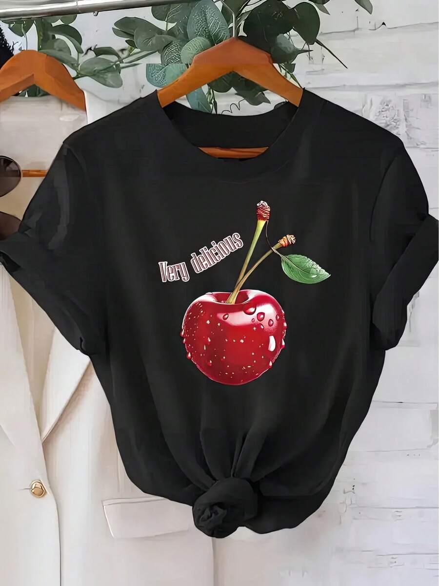 Camiseta casual de manga corta y cuello redondo con estampado gráfico, perfecta para verano y primavera, diseñpara mujer - Negro - Ver 1