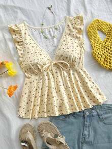 Camiseta de mujer con patrón de flores pequeñas sobre telas texturizadas, cuello en V con nudo delantero, para vacaciones de verano, tiempo libre y vuelta al colegio - Multicolor 2 - Ver 6