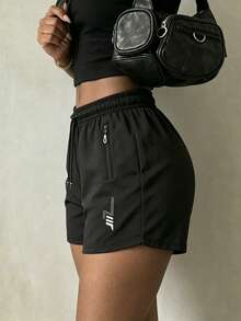 Women's Casual Sports Shorts, Lightning Print, Zipper Closure, Drawstring Waist, Suitable For Running, Sports, Casual Wear In Summer - Black - View 4
