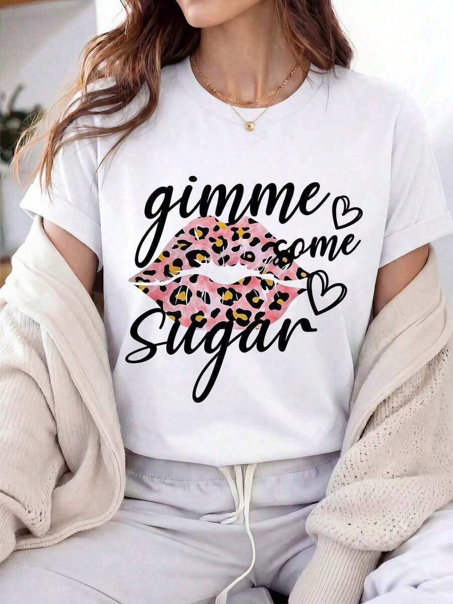 Camiseta Casual Blanca de Cuello Redondo para Mujer con Estampado de Labios de Leopardo, Manga Corta con Hombros Caídos, Tejido de Punto, Estilo de Longitud Regular 2026 - Blanco - Ver 1