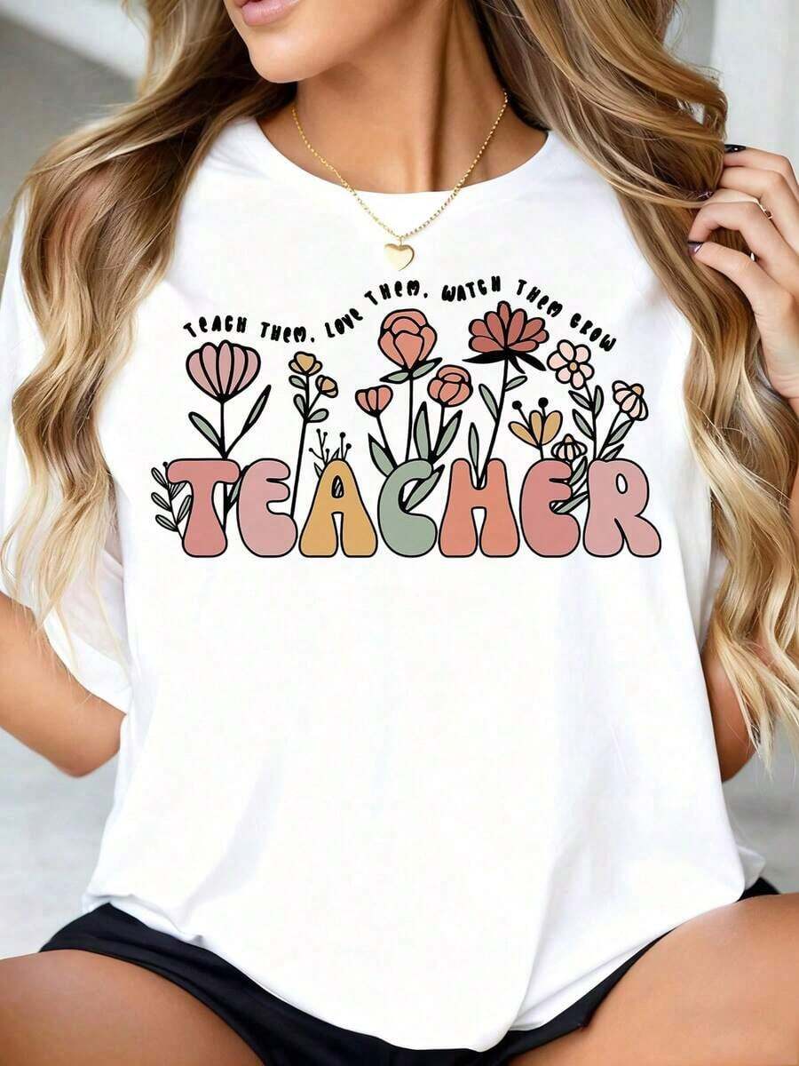 Camiseta para Maestras 2026 - "Enséñalos, Ámalo, Observa cómo crecen" Diseño Floral, Linda Camiseta para Maestras, Regalo Perfecto para el Día del Maestro, Regreso a Clases o Día de la Madre. - Blanco - Ver 1