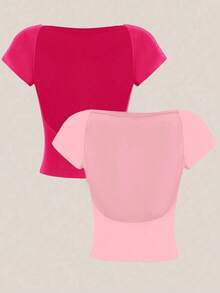 Set de 2 tops cortos de manga corta, escote redondo y espalda abierta, apropiados para verano - Multicolor 3 - Ver 10