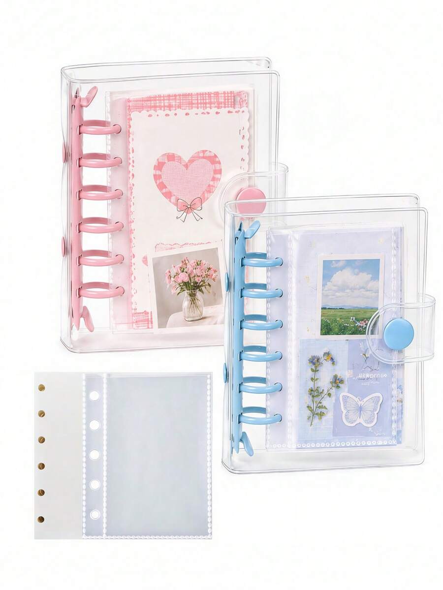 71pcs Mini Transparent PVC Binder Set, Cute Transparent Binder, Detachable Loose-Leaf Diary Notebook, 6-Ring Transparent Loose-Leaf Diary Notebook, Cute Snap Ring Binder, Cute Stationery, Back To School, Portable Pocket Diary Notebook, Ideal For Scrapbooking And Daily Recording - Blue and Pink Binder Set - View 1