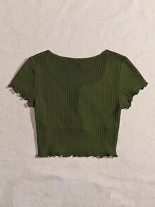 Camiseta tejida con nudo delantero ribete en forma de lechuga - Verde militar - Ver 2