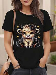 Camiseta casual negra con estampado de una vaca de las Highlands y un diseño único, adecuada para mujeres. Esta elegante camiseta es suave y transpirable, con un diseño de manga corta, lo que la hace perfecta para el uso diario, actividades al aire libre, viajes y un estilo casual, ofreciendo un ajuste cómodo durante todo el día. - Negro - Ver 5
