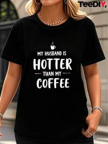 Mi esposo es más atractivo que el café, camiseta deportiva de manga corta para mujer, playeras de mujer algodón, blusa negra para dama. - Negro - Ver 1