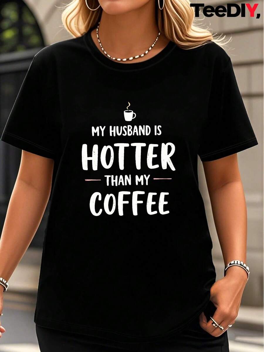Mi esposo es más atractivo que el café, camiseta deportiva de manga corta para mujer, playeras de mujer algodón, blusa negra para dama. - Negro - Ver 1