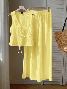 Conjunto de 2 piezas casual para mujer con top de cuello en V y pantalones en punto liso negro - Amarillo - Ver 6