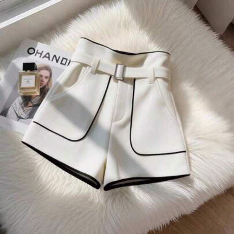 Women's Fashionable & Elegant Waist Belted Colorblock Pockets Minimalist High-End Versatile Wide Leg Shorts, Spring/Summer - Albaricoque - Ver 1