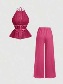 Conjunto de 2 piezas estilo francés relajado con camiseta sin mangas de cintura ceñida y pantalón ancho de pierna holgada, un conjunto de moda para mujeres - Rosa Fucsia - Ver 2