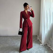 Women's Long Sleeve Blazer & Straight Leg Pants Set, Solid Color Elegant Office Style Two Piece Suit - 白色(長袖) - 查看 4