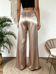 1pc Solid Color Drawstring Pocket Pants, Suitable For Home, Daily Wear, Holidays, Singles Party, Satin, All Seasons Spring - Apricot - View 6