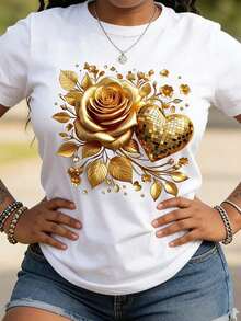 Women's T-Shirt 100% Cotton Retro Bright Yellow With Gold And Pink Heart Print, Short Sleeve, Round Neck, Gold Leaf Design, Machine Washable, For Valentine's Day, Spring And Summer. - White - View 5