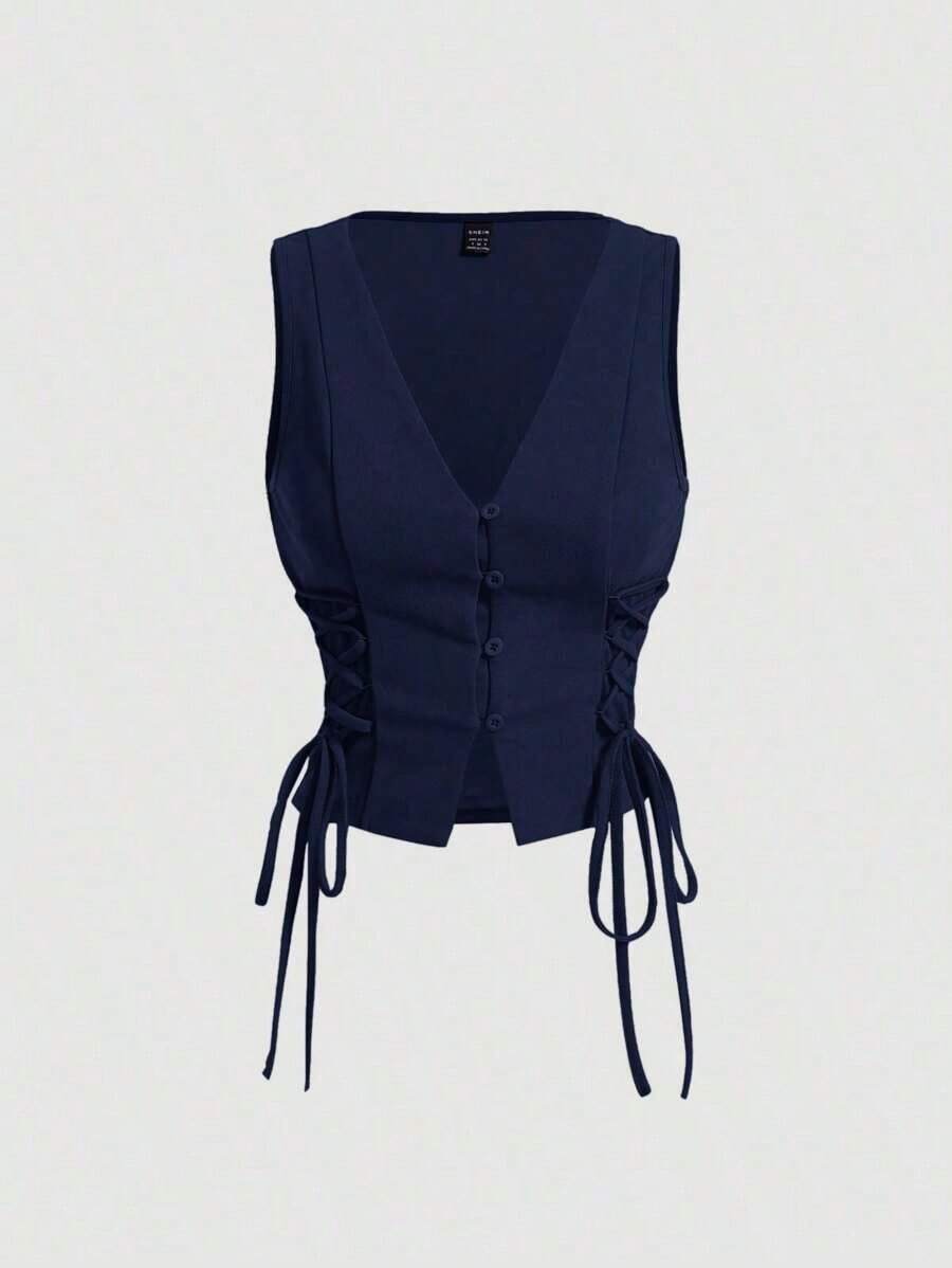 Parte superior de tirantes cruzados con botones de color rojo para mujer, ideal para el verano - Azul marino - Ver 1
