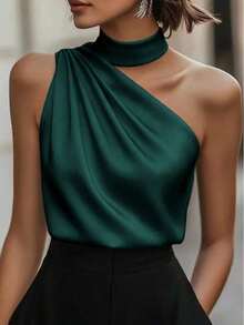 1 pieza Blusa elegante sin mangas de satén de unicolor con volantes asimétricos/asimétricos, adecuada para verano, vacaciones, oficina, hogar, uso diario, fiesta de cumpleaños, eventos formales y casuales - Verde - Ver 1