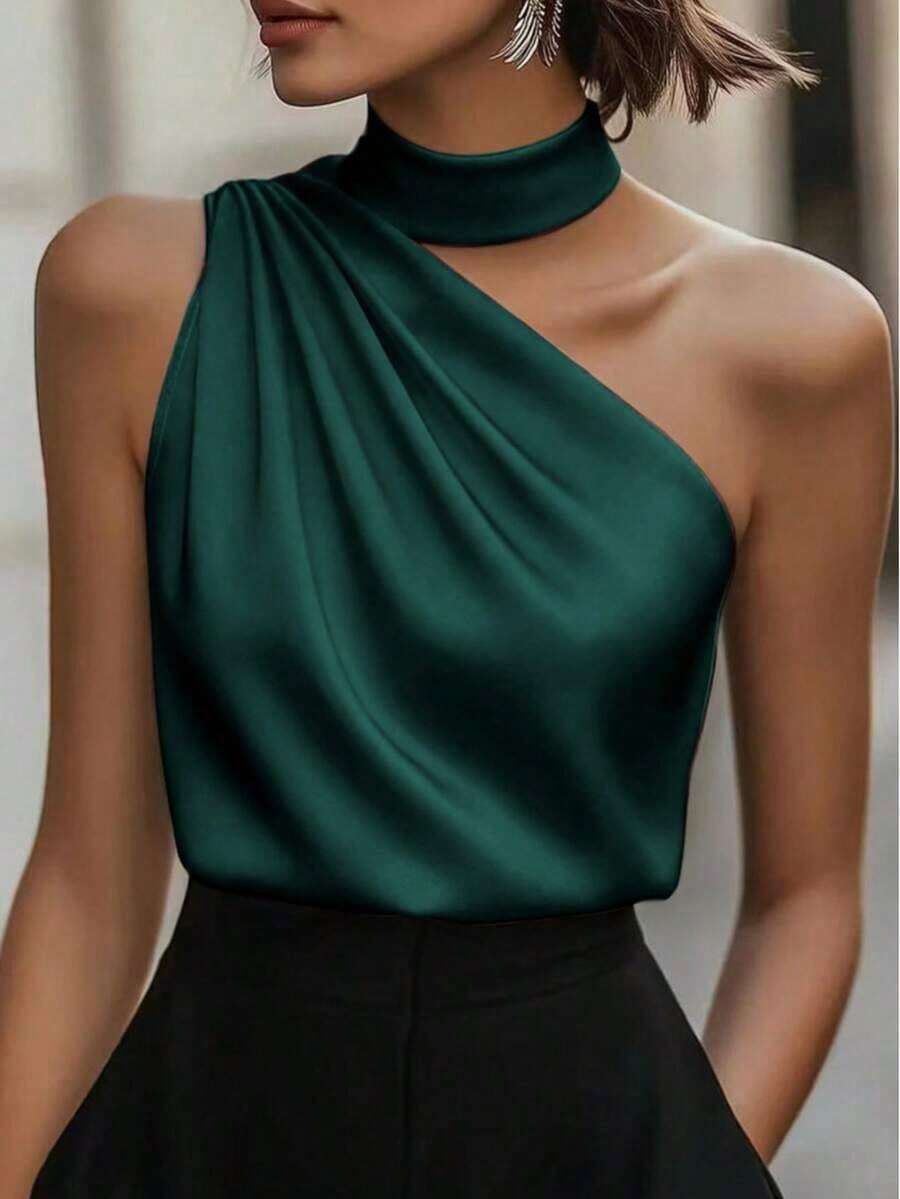 1 pieza Blusa elegante sin mangas de satén de unicolor con volantes asimétricos/asimétricos, adecuada para verano, vacaciones, oficina, hogar, uso diario, fiesta de cumpleaños, eventos formales y casuales - Verde - Ver 1