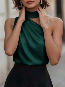 1 pieza Blusa elegante sin mangas de satén de unicolor con volantes asimétricos/asimétricos, adecuada para verano, vacaciones, oficina, hogar, uso diario, fiesta de cumpleaños, eventos formales y casuales - Verde - Ver 3