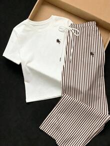 2 piezas Conjunto de top de manga corta con estampado floral bordado falso y rayas y pantalones a rayas, atuendo casual adecuado para el uso diario, citas, fiestas, otoño/invierno/verano, Navidad, Año Nuevo, Acción de Gracias, fiestas, bodas, - Multicolor 10 - Ver 6