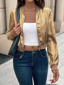 Chaqueta de béisbol con cremallera metálica dorada, puños acanalados, ajuste slim, elegante y versátil, cárdigan corto para ropa de fiesta de Año Nuevo - Dorado - Ver 5